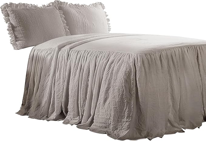 Lush Decor Ruffle Skirt Bedspread Set - 3-Piece Luxurious Farmhouse Bedding - Elegant Ruffle Detail - Timeless Style - Soft Lightweight Sheets - Queen, Grey