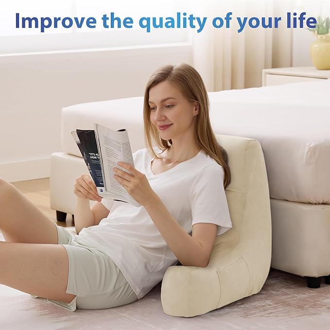 IPYNBAP Reading Pillow with Arms for Adult, Back Pillow for Bed Sitting Up, Shredded Memory Foam Backrest Pillow with Pockets & Removable Washable Cover, Lounging, Watching TV, Reading(20" Beige)