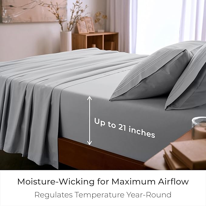 Mellanni Full Sheet Set - 6-Piece Iconic Collection Bedding, (Including 4 Pillowcases), 21-Inch Extra Deep Pocket, Easy Care, Ultra Soft, Cooling Sheets, Brushed Microfiber - Light Gray