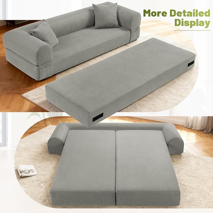 80" Convertible Sofa Bed,Corduroy Folding Sleeper Sofa Bed Queen with Pillows & Storage,Modular Pull Out Couches Boneless Couch for Living Room,Compressed Couch in a Box,Light Gray
