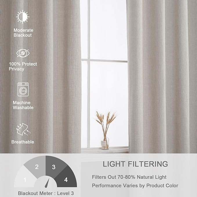 Jacquard Linen Curtains 108 inch Length 2 Panels Thick Faux Linen Blended Window Drapes Burlap Textured Curtains with Grommet for Living Room Bedroom Farmhouse (52x108 Beige) Natural