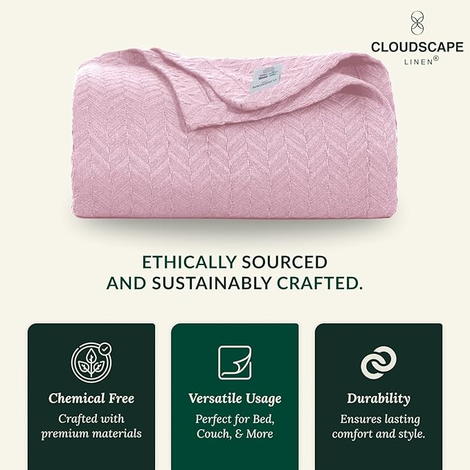 Cloud Scape Linen 100% Cotton Throw Blanket 50x70 Seashell Pink, Luxury All-Season Warmth, Ultra Soft, Oversized Herringbone Gauze Blanket for Winter, Bed, Couch & Sofa Decor, Best Gift Idea