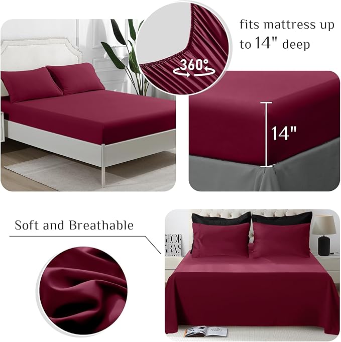 JOLLYVOGUE Queen Comforter Set, Ultra-Soft Bed in a Bag Queen Size 7 Pieces, Oeko-TEX Certified Bedding Set with Down Alternative Comforter, Sheets, Pillowcases & Shams, Burgundy & Black