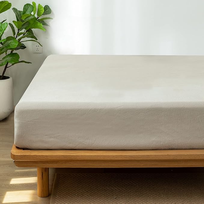 MooMee Fitted Bottom Sheet Only 100% Washed Cotton Linen Like Textured Breathable Durable Soft Comfy Deep Pocket Fits Mattress up to 17" (Tannish Linen Grey, Twin)