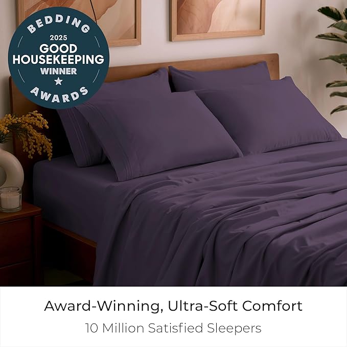 Mellanni King Sheet Set - 6-Piece Iconic Collection Bedding, (Including 4 Pillowcases), 16-Inch Deep Pocket, Easy Care, Extra Soft, Cooling Sheets, Brushed Microfiber - Purple