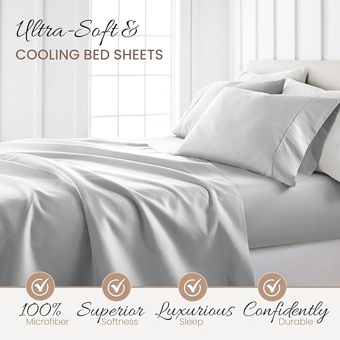 Linen Market Brushed Microfiber Queen Sheet Set 4 Piece – Oeko-TEX Certified Ultra Soft & Wrinkle-Free - 16" Deep Pocket Sheets - Easy Care Queen Size - Light Gray