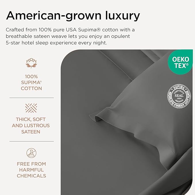 Threadmill Luxury Supima Cotton Sheets, Luxury 1200 Thread Count Soft 100% Cotton Sheets for Full Size Bed, 4 Pc Dark Grey Bed Sheets Full Set, 5-Star Hotel Quality Deep Pocket Bed Sheets Set