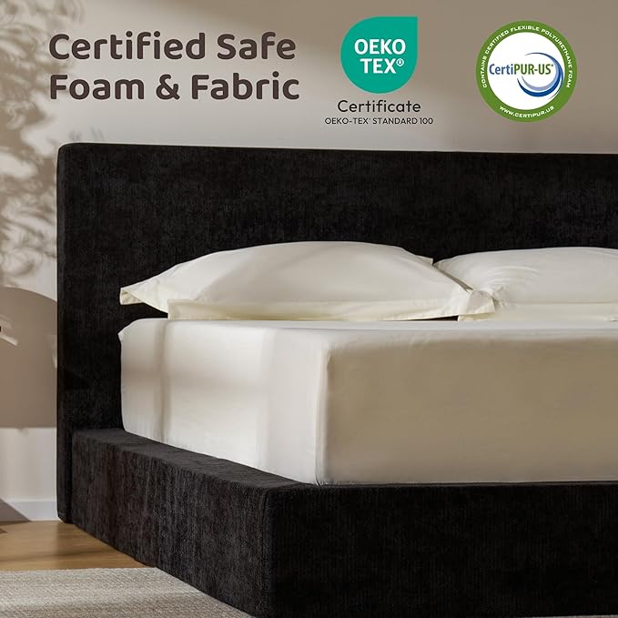 RECCI Cloud Upholstered Queen Bed Frame with Headboard, 5 Inch Foam Padded Platform, No Box Spring, Easy Assembly (Onyx Black)
