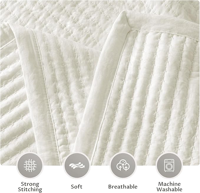 KASENTEX Queen XL Quilt Set 98"x98" – Soft Washed 3-Layer Lightweight Bedspread, Minimalist Nordic Design, All-Season Spring & Summer Quilt Set (1 Quilt + 2 Pillow Shams),Cream White