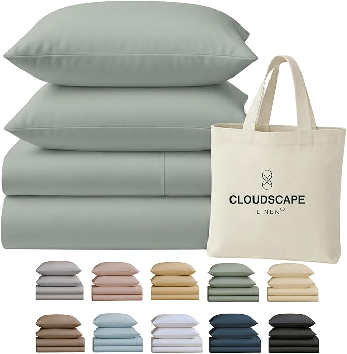 Cloud Scape Linen 100% Egyptian Cotton Sheets for Queen Size Bed, 400 Thread Count, 4 Pieces Bedding Set, Hotel Quality, Silky Soft, Deep Pockets up to 17”, Mineral
