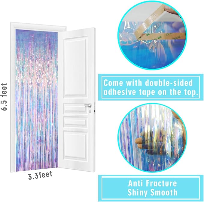 GOER 3.2 ft x 6.5 ft Metallic Tinsel Foil Fringe Curtains Party Photo Backdrop Party Streamers for Mermaid Birthday Party Decorations(3 Packs,Iridescent)