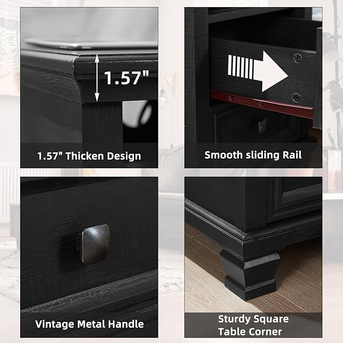 SAVOR LIFE Farmhouse Nightstand Set of 2 with Charging Station, Rustic Black Nightstand,2 Drawers End Table for Living Room,Bedside Table with Open Shelf for Bed Room,Black