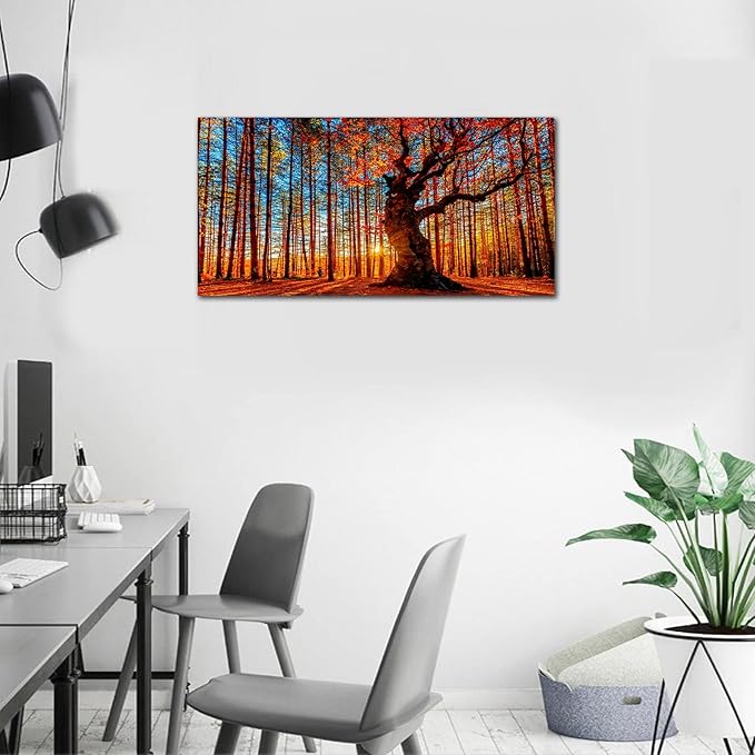 Yearainn Large Canvas Wall Art Forest Sunset Canvas Pictures Red Leaf Trees Landscape Contemporary Nature Picture for Living Room Bedroom Home Office Wall Decor Framed Ready to Hang 24" x 48"