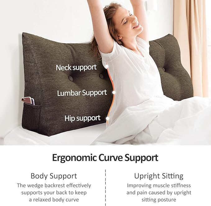 homecozy Wedge Headboard Pillow Dorm Room Reading Pillow Back Support for Sitting Up in Bed Bolster Lumbar Cushion Body Positioning Bedrest Cotton Linen 54in Coffee Full