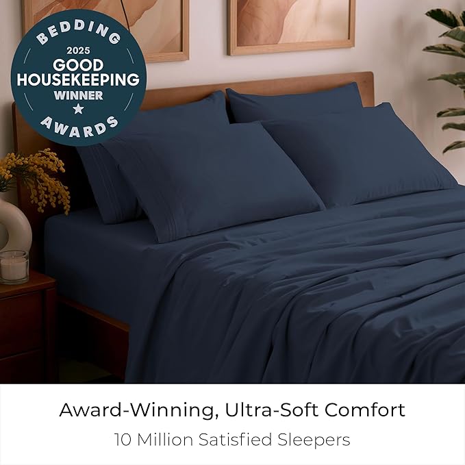 Mellanni California King Sheet Set - 6-Piece Iconic Collection Bedding, (Including 4 Pillowcases), 21-Inch Extra Deep Pocket, Easy Care, Ultra Soft, Cooling Sheets, Brushed Microfiber - Navy Blue