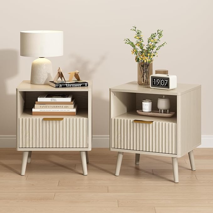 CARPETNAL Fluted Nightstand, Beige Bedside Table with Drawer and Storage Shelf, Wood End Table Mid Century Night Stands for Bedroom Living Room