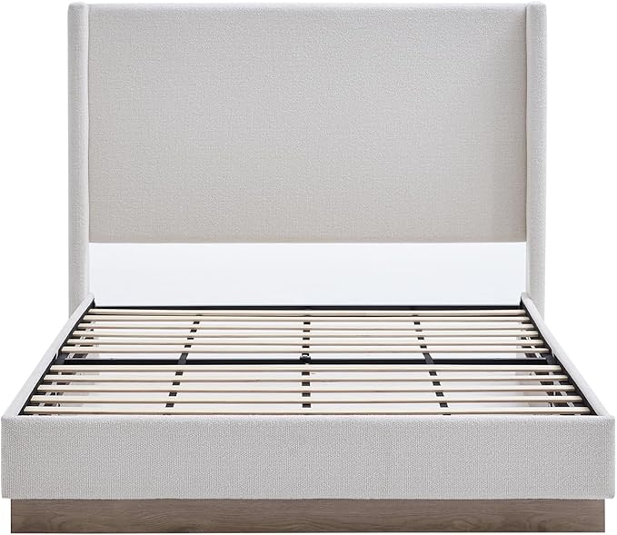 California King Size Upholstered Platform Bed Frame, 52.5" Tall Headboard Hosford Wingback Bedframes, Wood Base Floor Beds, No Box Spring Needed, No Noise, Minimalist, Cream White Boucle
