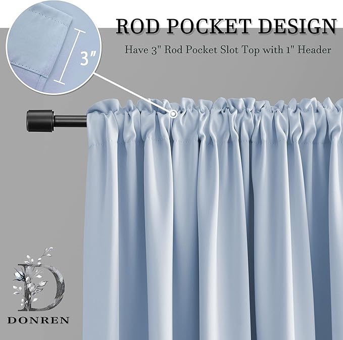 DONREN Baby Blue Window Treatment Thermal Insulated Rod Pocket Blackout Curtains/Drapes for Bedroom(Light Blue,Set of 2 Panels,42 by 84 Inch Length)