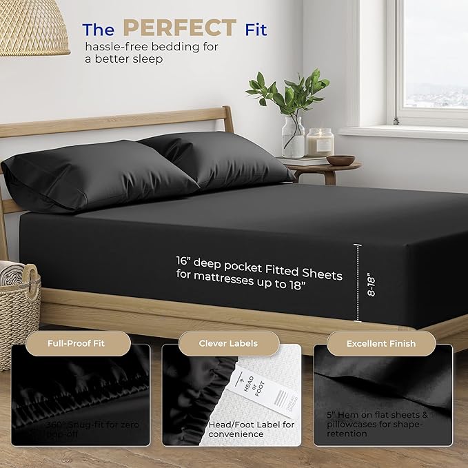 THREAD SPREAD 100% Cotton Sheets Twin Size - 400 Thread Count Cotton Bed Sheets Twin, 3 PC Set (Black), Luxury Soft, Breathable, Cooling, Sateen Weave 16" Deep Pocket Bedsheet for Dorm Rooms