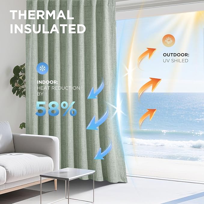 Joydeco Linen Blackout Curtains for Bedroom - 100% Light Blocking 1 Panels, Sage Green Drapes 70" W x 96" L, Thermal Insulated Room Darkening Curtains for Living Room, Rod Pocket & Back Tabs