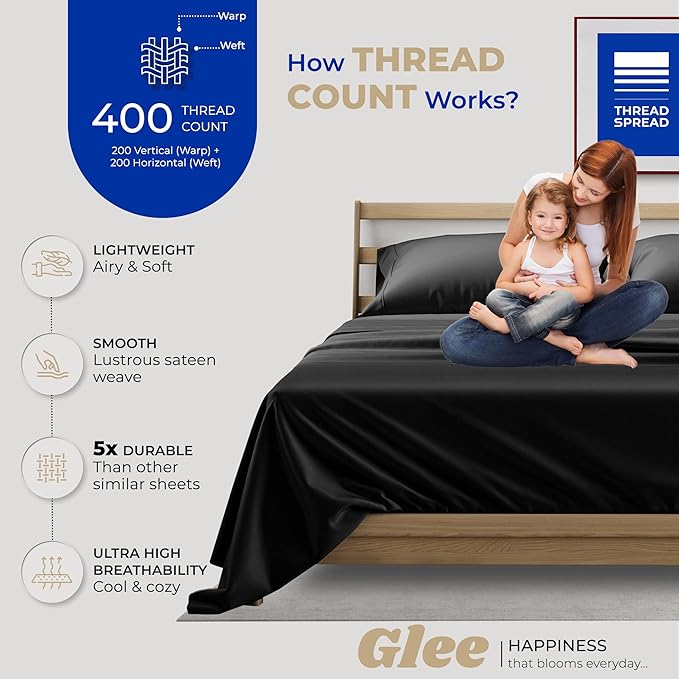 THREAD SPREAD 100% Cotton Sheets Twin Size - 400 Thread Count Cotton Bed Sheets Twin, 3 PC Set (Black), Luxury Soft, Breathable, Cooling, Sateen Weave 16" Deep Pocket Bedsheet for Dorm Rooms