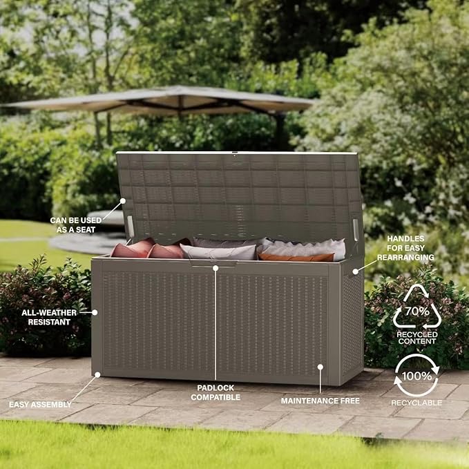 320 Gallon Outdoor Storage Box Waterproof Lockable Resin Deck Box Large, Patio Storage Bin for Pool Accessories Cushion Furniture, Garden Tools, UV-Resistant Outside Delivery Grey