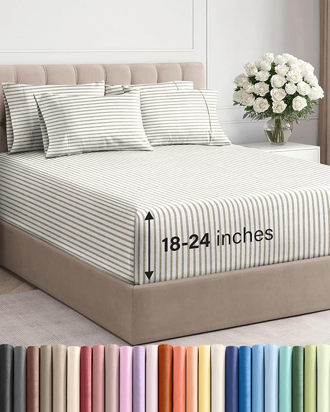 Extra Deep Cal King Sheet Set - 6 Piece Breathable & Cooling Sheets - Hotel Luxury Bed Sheets Set - Easy Fit - Soft, Wrinkle Free & Comfy Sheets Set - Beige Striped Sheet Set with Extra Deep Pockets