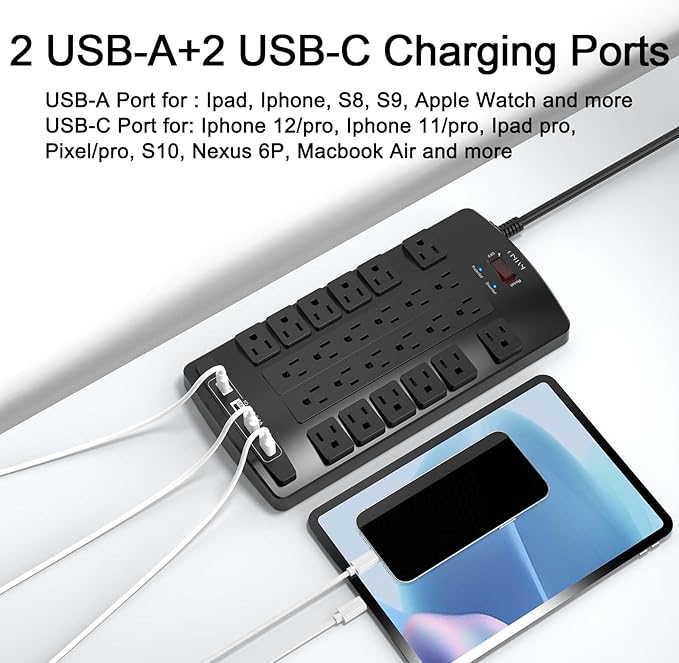 QINLIANF Surge Protector Power Strip - 10Ft Flat Plug Heavy Duty Extension Cord with 24 Outlets and 4 USB Ports(2 USB-C Ports), 1875W/15A, 4100J, for Home, Office, Dorm, ETL Listed, Black