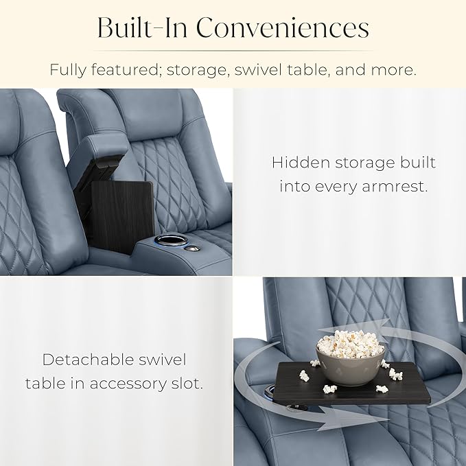 Seatcraft Diamante Zero-Gravity CoolZero Italian Leather Home Theater Seating, Power Headrest, Power Recline, Row of 3 Left Loveseat, Smokey Blue