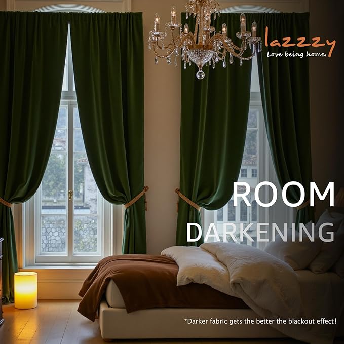 Lazzzy Velvet Green Curtains 108 Inches Long Black Out Thermal Insulated Room Darkening Curtain Drapes Luxury Back Tab Window Treatments for Bedroom Living Room 2 Panels, 52 x 108 Inch, Moss Green