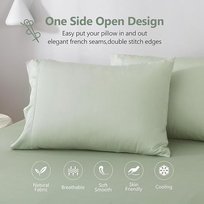 Linen World Cooling Bed Sheets Set King Size,100% Organically Grown Viscose Sheets,Deep Pocket Up to 16",4 Pieces Silky Soft,Breathable Bedding Sheets & Pillowcases(Sage Green,King)