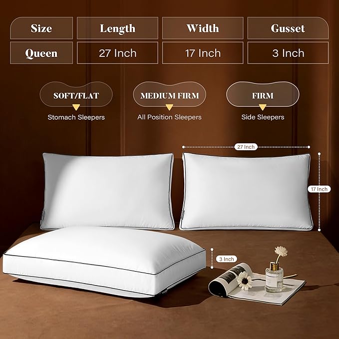 Flat Thin Goose Feather Down Pillows Queen Size Set of 2, Soft Down Surrounded Hotel Collection Bed Pillow for Sleeping with 3 Inch Gusset, 2 Pack, Plush for Stomach, Back Sleepers 20x30 in.