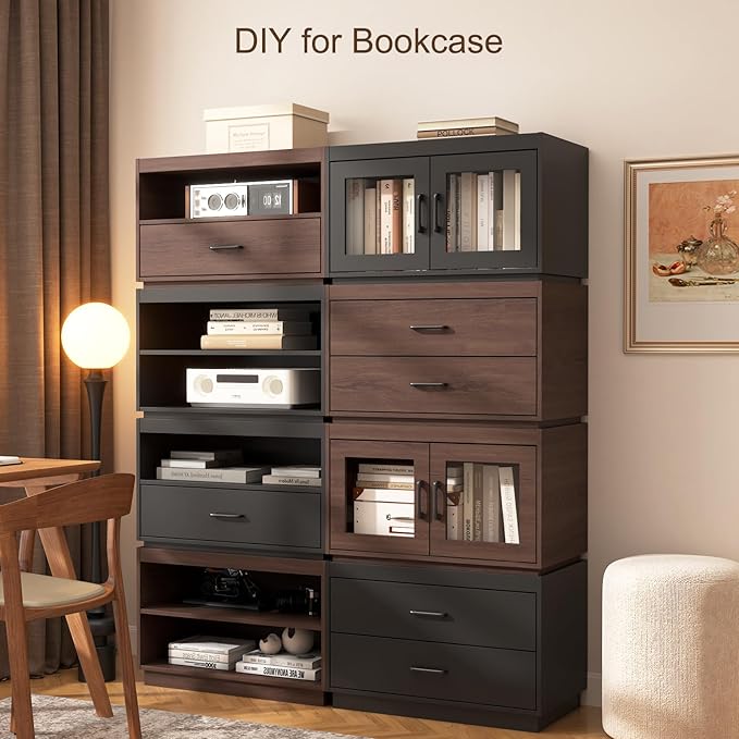 Stackable Storage 2-Shelf, 28" Wide Storage Bins with Open Compartment for Closet Organizers, Wood Stackable Closet Organizer Modern Large Stackable Storage Units for Living Room Hallway, Brown