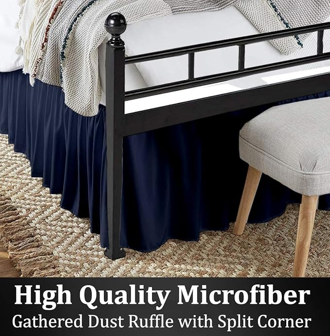 Ruffled Bed Skirt with Split Corners, Navy Blue, Twin 12 Inch Drop Bedskirt, Hotel Quality Brushed Microfiber Wrinkle Free Dust Ruffle Bed Skirt Twin Size