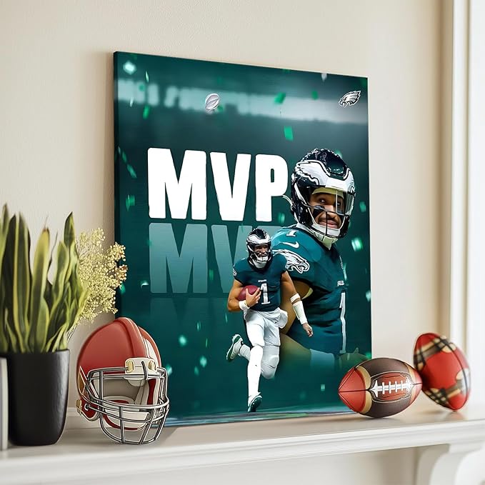 B.B.F MAKE 2025 Super Canvas Bowl Wall Art Champions MVP Hurts Canvas Wall Decor Eagles Poster Print Philadelphia Sports Star Picture Gift Modern Bedroom Living Room Home Decoration, Framed 16x20inch