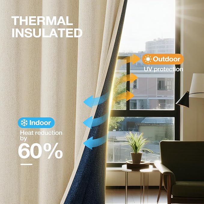 Blackout Curtains for Bedroom, Thermal Insulated Curtains 63 Inch Length Curtain 2 Panels, Soft Farmhouse Linen-Look Textured Full Light Blocking Room Darkening Drapes, W52xL63, Cream
