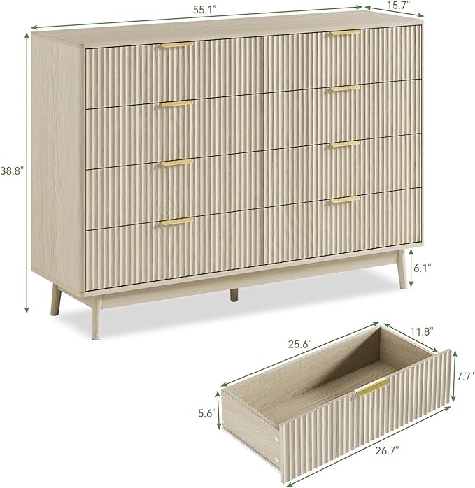 LYNSOM Fluted Dresser and Nightstand Sets 3 Piece, 9-Drawers Dresser and 1-Drawer Nightstands Set of 2, Wood Bedroom Furniture Set for Home, Bedroom, Hallway, Beige