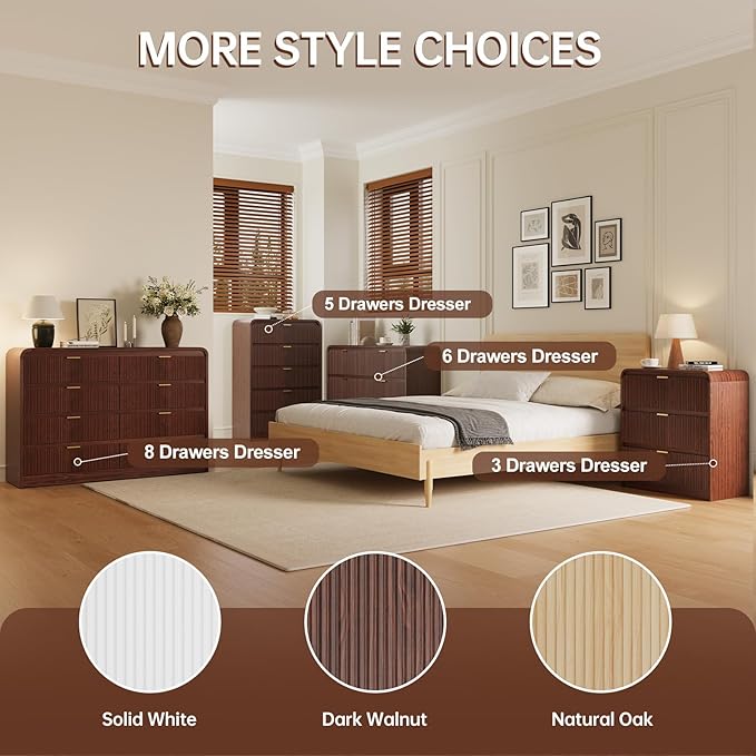 FURSUN 32" Tall Fluted Nightstand Set of 2, 3 Drawers Wooden End Table w/Storage, Curved Profile Design, Modern Bedside Table for Bedroom, Dark Walnut