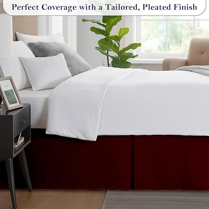 Full Bed Skirt, Luxury 16 Inch Drop Burgundy Pleated Bed Skirt, Double Brushed Microfiber, Box Pleat Design, Wrinkle & Fade Resistant, Easy Fit Tailored Bedskirt for Full Size Beds