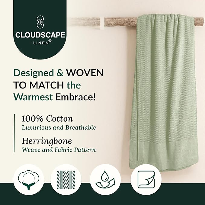 Cloud Scape Linen 100% Cotton Throw Blanket 50x70 Seafoam, Luxury All-Season Warmth, Ultra Soft, Oversized Herringbone Gauze Blanket for Winter, Bed, Couch & Sofa Decor, Best Gift Idea