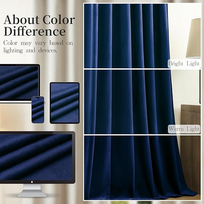 Navy Blue Velvet Blackout Curtains Extra Long Super Soft Room Darkening Drapes Elegant Thermal Insulated Sound Reducing Curtain for Bedroom Living Room, Back Tab Rod Pocket, W52 x L102, 2 Panels