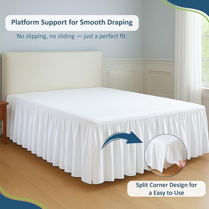 Rajlinen Ruffled Bed Skirt Twin XL, 18 Inch Drop Dust Ruffle with Split Corners, 100% Microfiber Bedskirt with Platform, Three-Sided Coverage Ruffled Gathering Design, White