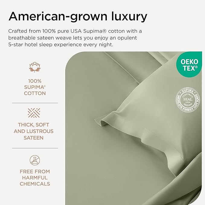 Threadmill Luxury Supima Cotton Sheets, 1200 Thread Count Soft 100% Cotton Sheets for King Size Bed, 4 Pc Sage Green King Bed Sheets Set, 5-Star Egyptian Hotel Quality with Elasticized Deep Pocket