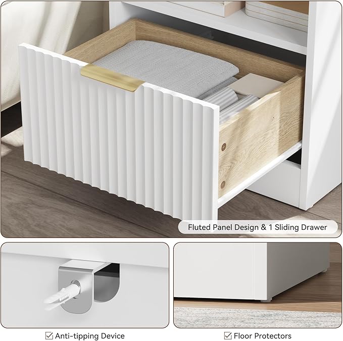White Dresser & Nightstand Set 3-Piece, Bedroom Dresser with 7 Drawers, Night Stand Set of 2 w/Metal Handle, Fluted Modern Wood Chest of Drawers Storage Dressers Set for Bedroom, White