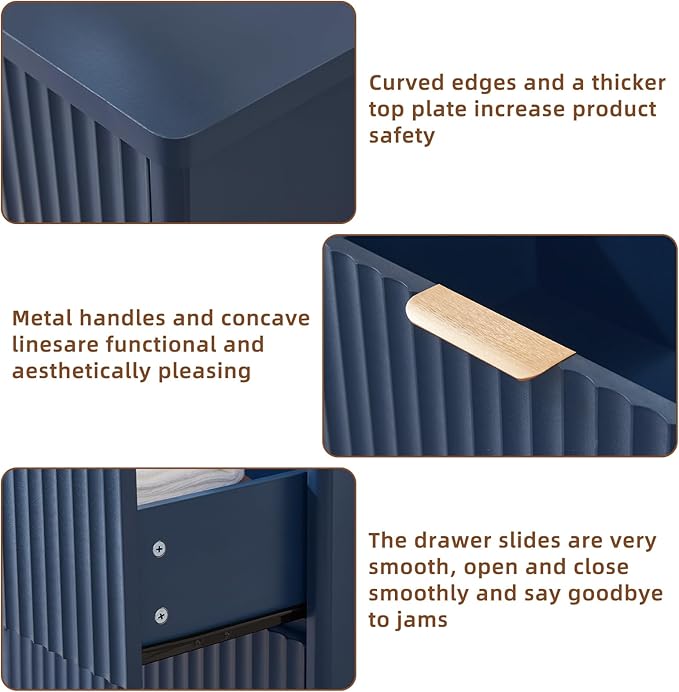 LEYAOYAO 48" Wide Fluted Dresser and 3 Drawers 23" Nightstand Set of 2, Wooden Dresser & Night Stand with Charging Station, 3 Piece Bedroom Furniture Set, Chest of Drawer for Living Room,Navy Blue