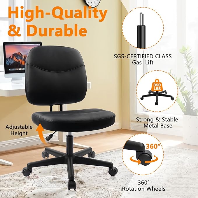 CLATINA Armless Home Office Chair, Small PU Leather Ergonomic Low Back Desk Chair with Lumbar Support and Wheels, Adjustable Height 360° Swivel Rolling Computer Task Chair, Black, 4 Pack