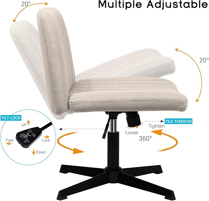 PUKAMI Criss Cross Chair,Comfy Cross Legged Office Desk Chair No Wheels,Modern Fabric Swivel Adjustable Height Mid Back Wide Seat for Home Office Computer Makeup Vanity Task(Beige)
