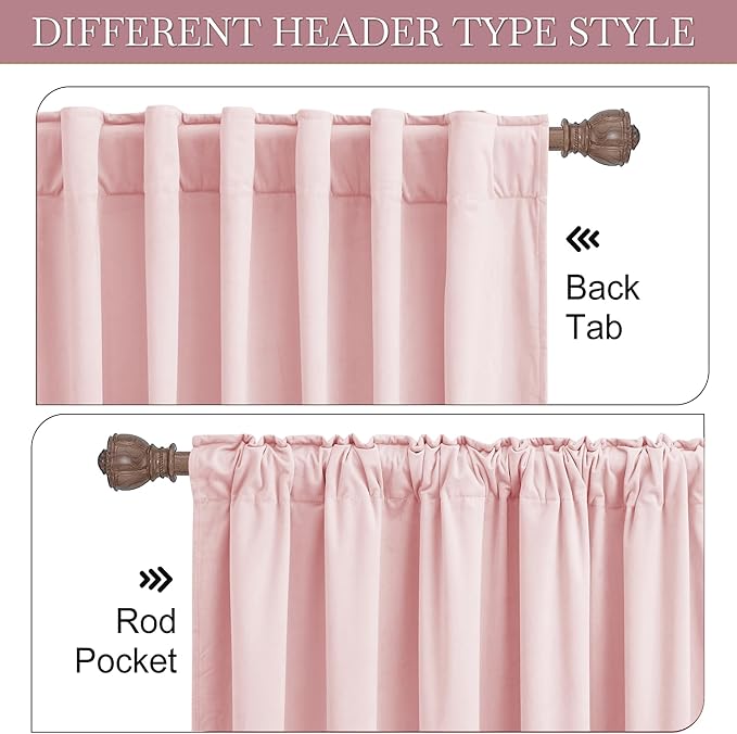 RYB HOME Baby Pink Velvet Curtains 96 inches, Back Tab Soft Fabric Room Darkening Thermal Insulated Luxurious Home Decor Curtains for Living Room Bedroom, W 52" x L 96", 2 Panels Set
