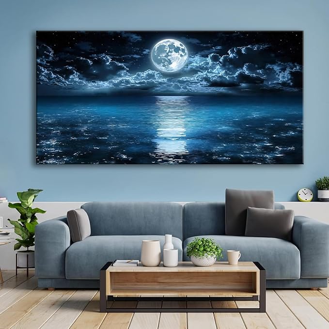 Big Moon Canvas Wall Art - Modern Seascape Paintings for Living Room, Bedroom Wall Decor, Framed Wall Art for Home or Office Decoration, Large Wall Art 20"x40"(50CMx100CM)