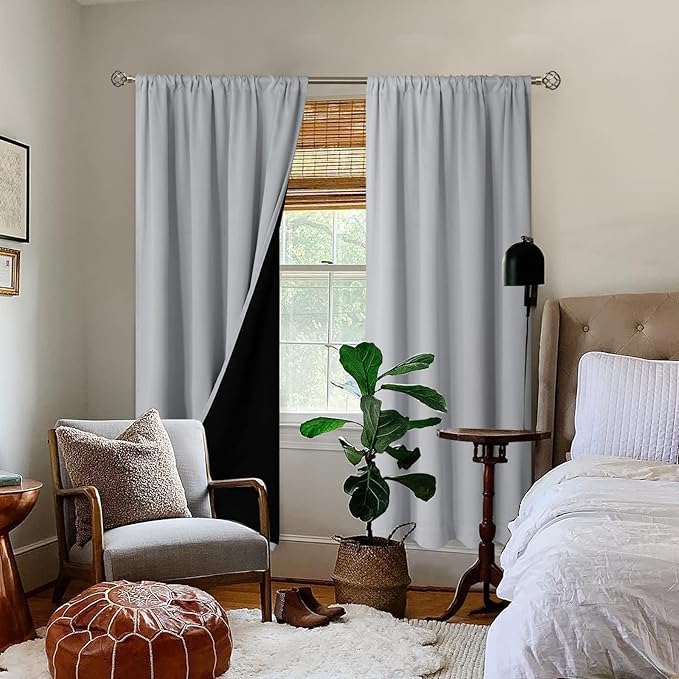BGment Thermal Insulated 100% Blackout Curtains for Bedroom with Black Liner, Double Layer Full Room Darkening Noise Reducing Rod Pocket Curtain (42 x 72 Inch, Light Grey, 2 Panels)